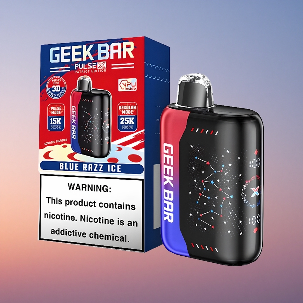 GEEK BAR Pulse X 25000 Puffs Patriotska izdaja z dvojno mrežasto tuljavo in zaslonom 3D ukrivljenosti