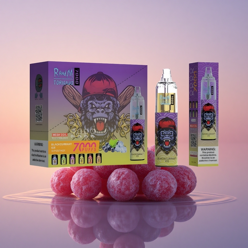 RandM Fumot Tornado 7000 Puffs Črni ribez led s 14 ml e-tekočine in nastavljivim zrakom
