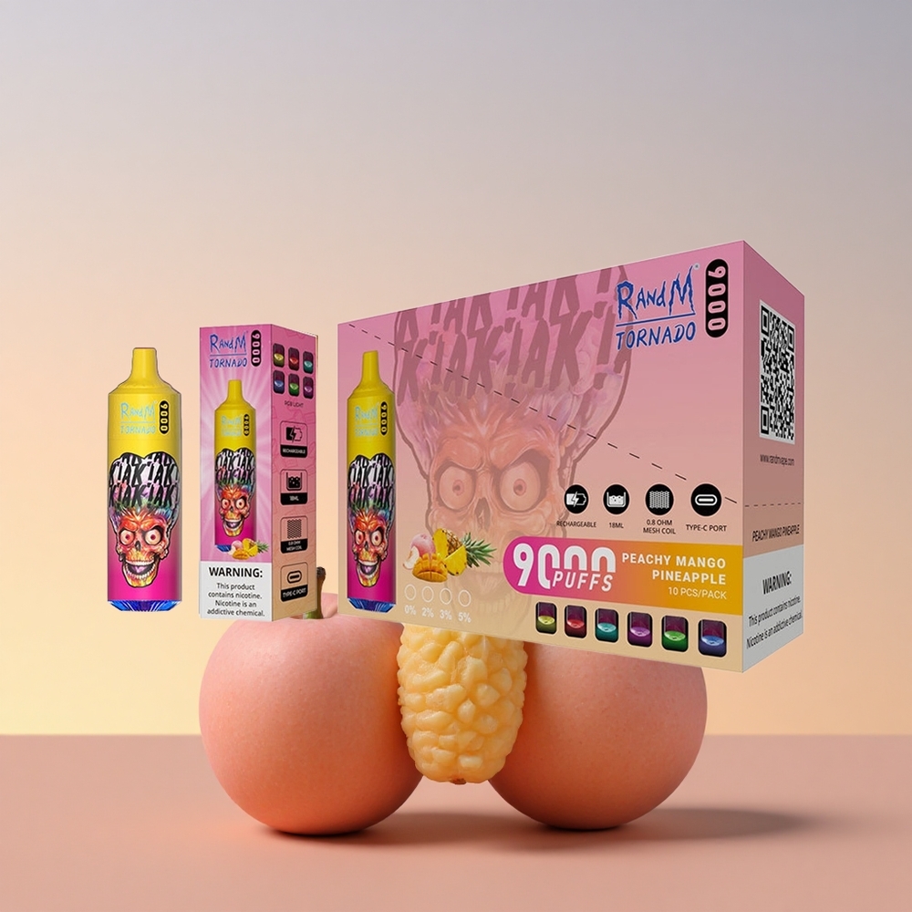 RandM Fumot Tornado 9000 Puffs Breskova Mango Ananas z RGB zaslonom in 18 mL tekočine