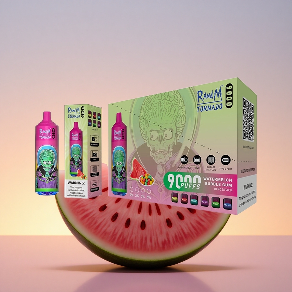 RandM Fumot Tornado 9000 Puffs Lubenikova Mehurčna Guma z Mrežasto Tuljavo in RGB Zaslonom