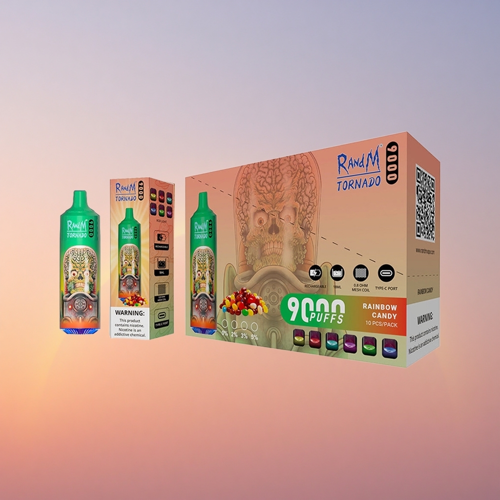 RandM Fumot Tornado 9000 Puffs Mavrični Bonbon z 9000 Pufi, 18 mL E-tekočine in Mrežasto Tuljavo