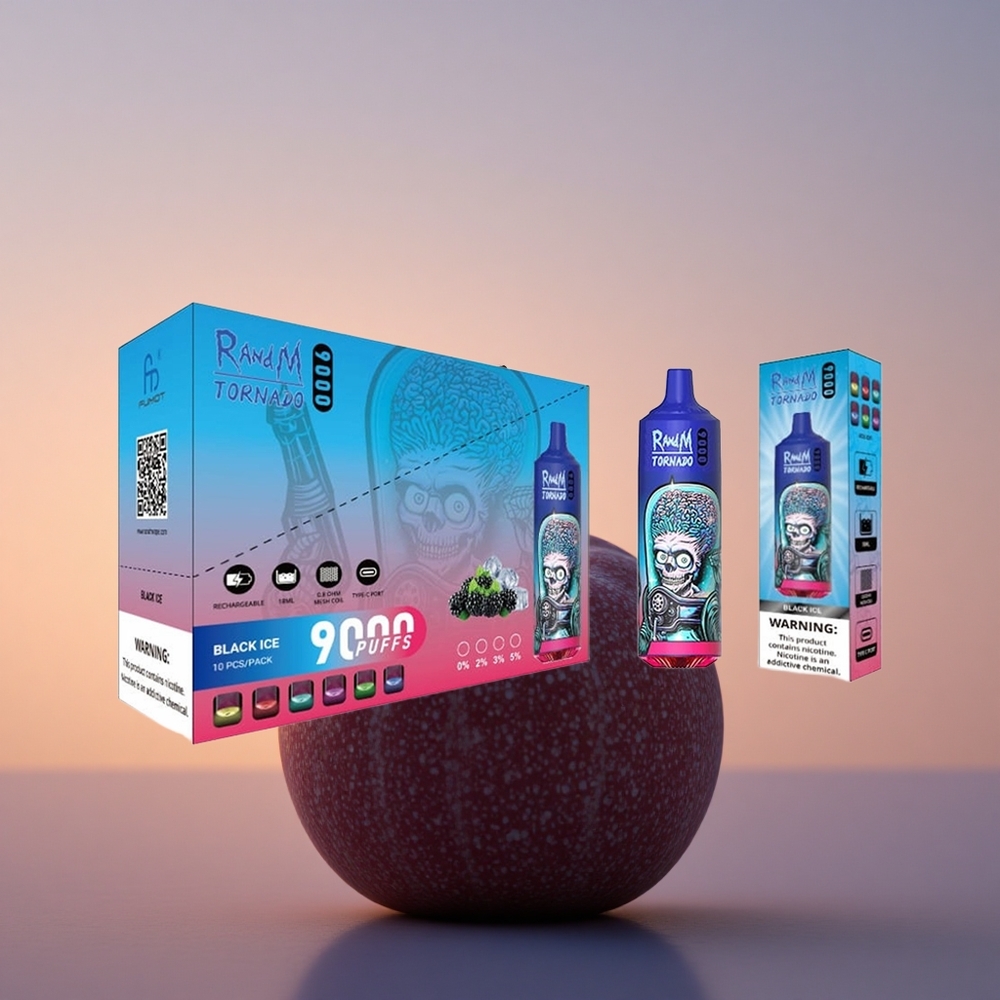 RandM Fumot Tornado 9000 Puffs Črni Led z 18 mL E-tekočino in Mrežasto Tuljavo